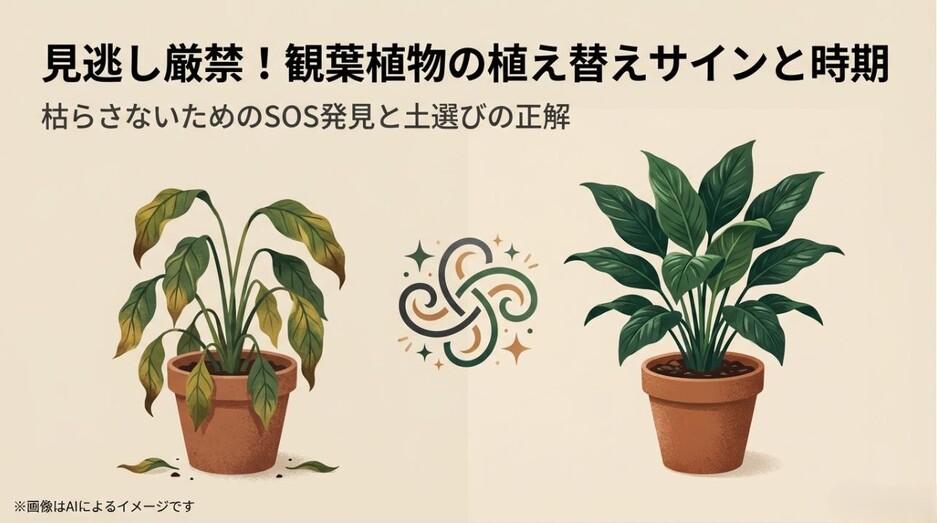 元気がなく葉が黄色くなった鉢植えのイラストと、植え替えの重要性を伝えるタイトルのアイキャッチ画像