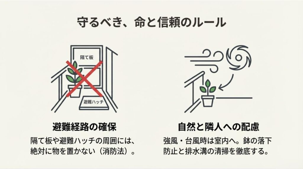 隔て板や避難ハッチの周りに物を置かない、強風時は室内に取り込むといったベランダ管理のルール図解