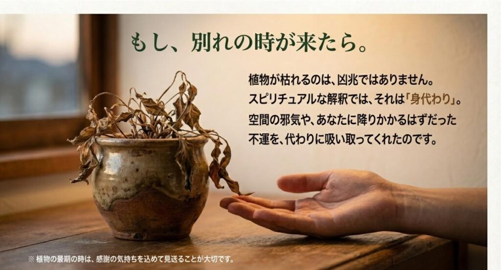 植物が枯れることは凶兆ではなく、持ち主の厄災や邪気を身代わりに引き受けてくれたという意味の解説スライド