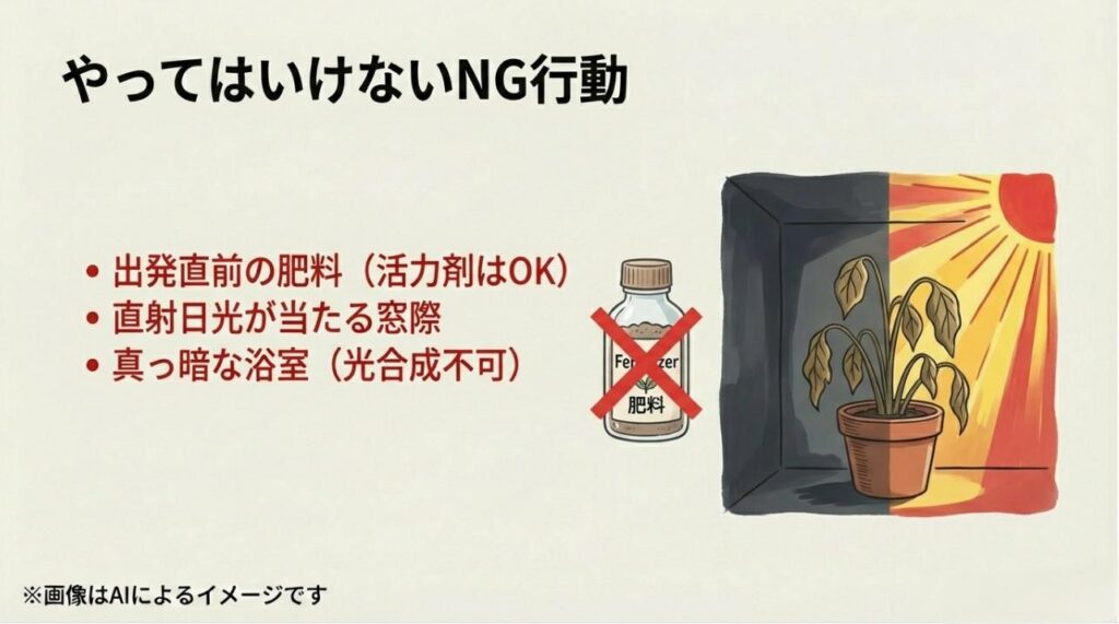 肥料の禁止、直射日光、真っ暗な浴室の3つにバツ印がついた、不在時の注意喚起イラスト