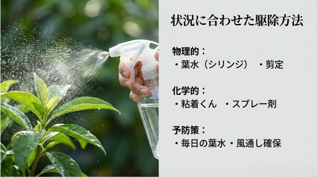 葉水や剪定、薬剤スプレー、風通しの確保など、状況に応じた具体的な虫の駆除と予防方法のリスト