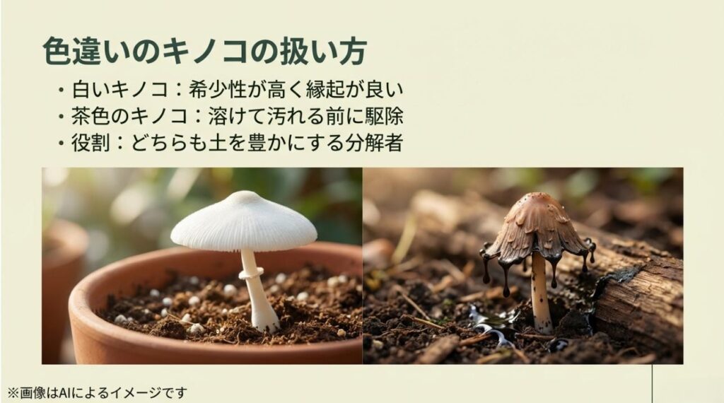 白いきのこ（縁起が良い）と茶色のきのこ（溶ける前に駆除）の写真比較と、それぞれの役割を解説したスライド