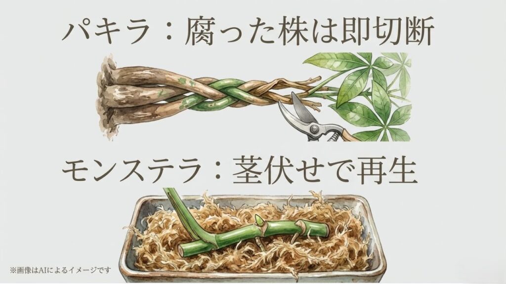 編み込みパキラの悪い株を取り除く様子と、モンステラの茎を水苔に置いて再生させる「茎伏せ」の図解