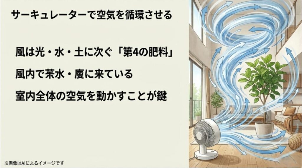 サーキュレーターを使って部屋の隅々まで空気を循環させ、植物に新鮮な空気を届ける第4の肥料としての活用イメージ