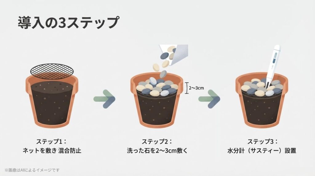 ネットを敷き、2〜3cmの石を載せ、水分計（サスティー）を設置する手順の解説図