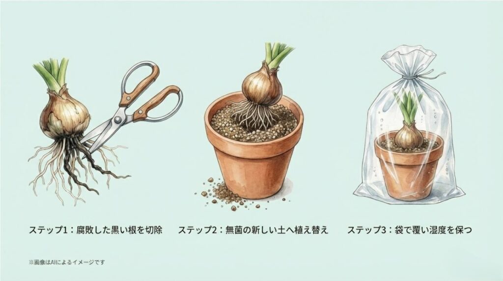 黒い根の切除、新しい土への植え替え、最後に袋で覆って湿度を保つ復活の3ステップを図解