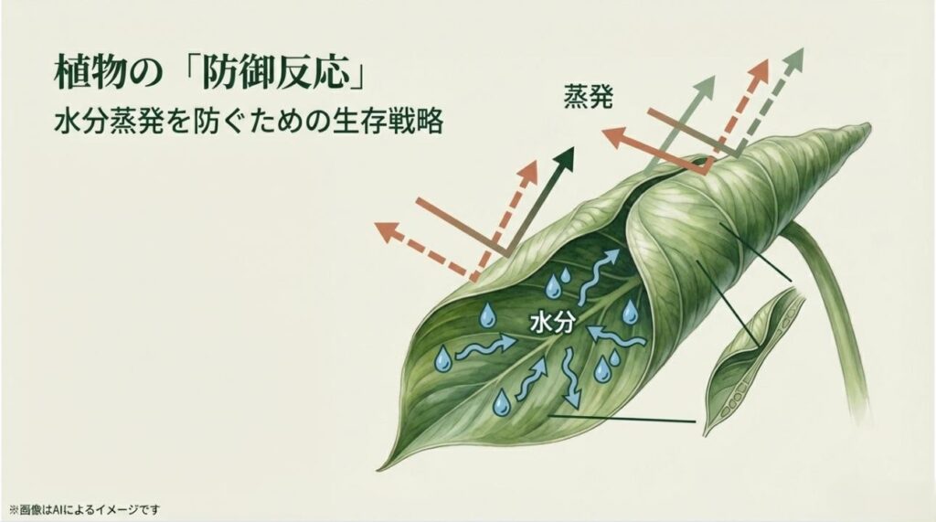 水分蒸発を防ぐために葉を丸める植物の防御メカニズムを図解したイラスト。蒸発と水分の動きを示している。