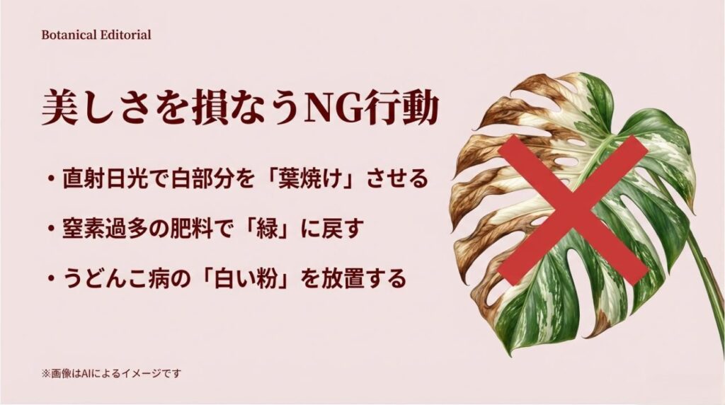 茶色く枯れた斑入りの葉に赤いバツ印を重ね、直射日光・肥料過多・病気放置への注意を促す画像