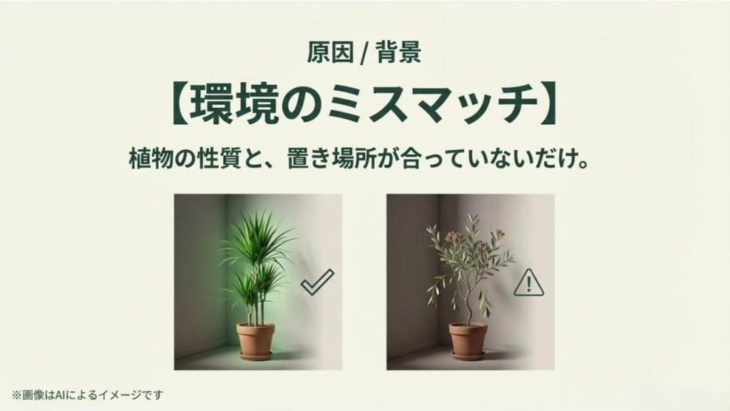 適切な場所に置かれた元気な植物と、環境が合わず元気がなくなった植物を比較し、環境の重要性を伝える解説図