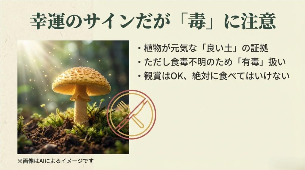 陽光を浴びる黄色いきのこの写真と、植物が元気な証拠であること、一方で毒性があるため食べてはいけないことを示すスライド