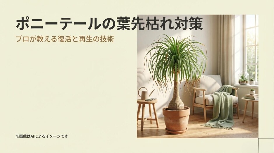 ポニーテールの葉先が枯れる悩みに対し、プロの技術で復活させることを伝える記事のメインアイキャッチ画像