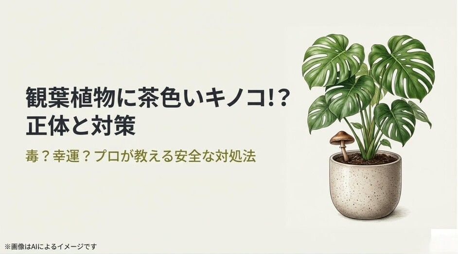 鉢植えのモンステラの土から茶色のキノコが生えているイラストと、正体と対策を伝えるタイトルのアイキャッチ画像