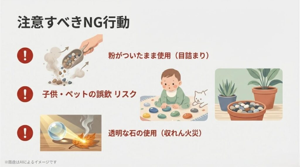 石の粉による目詰まり、子供やペットの誤飲リスク、透明な石による収れん火災への警告図