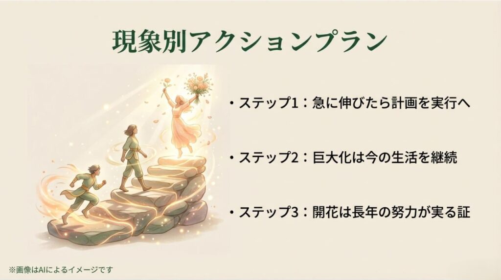 成長・巨大化・開花の3ステップに応じた、運気を逃さないための具体的な行動指針。