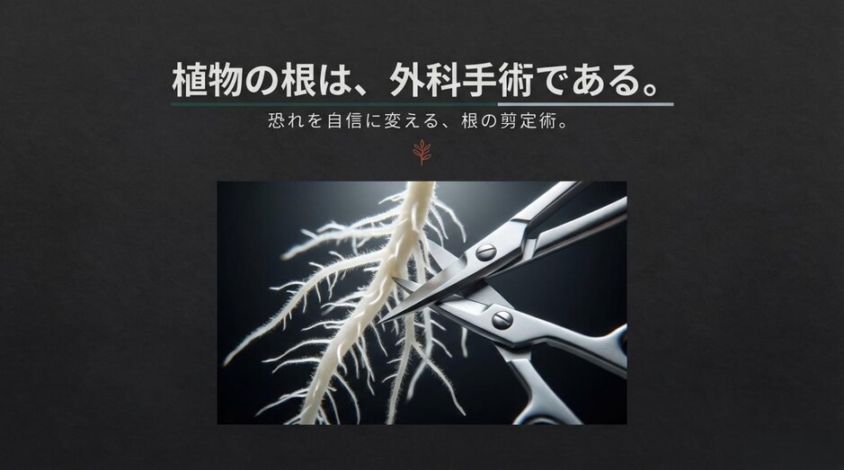 暗い背景にハサミで植物の根を切ろうとしている劇的な写真と、根の整理は外科手術であるというメッセージ
