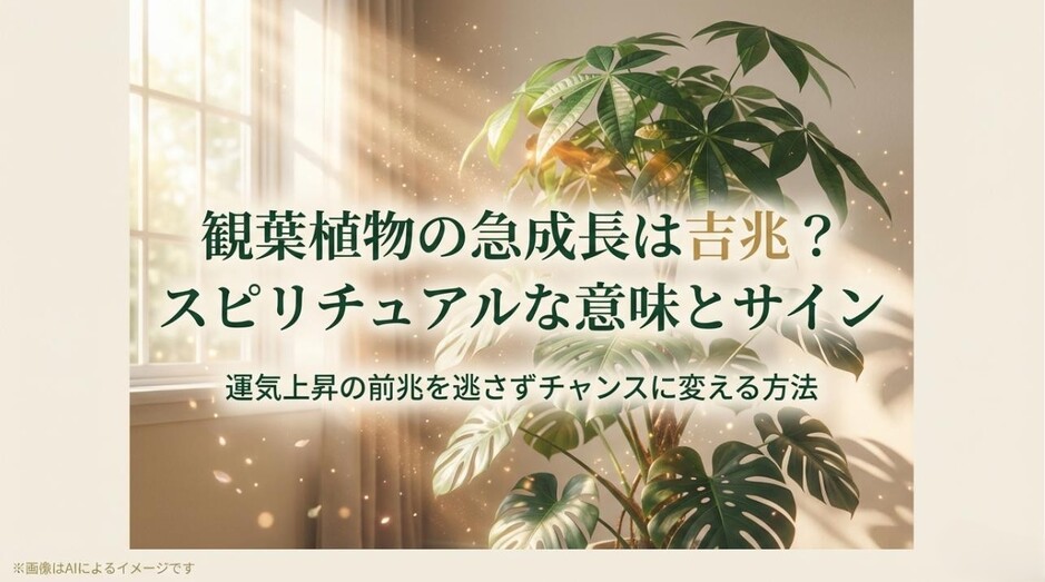 室内で元気に育つ観葉植物と、幸運の兆しを喜ぶ女性のイメージ画像。