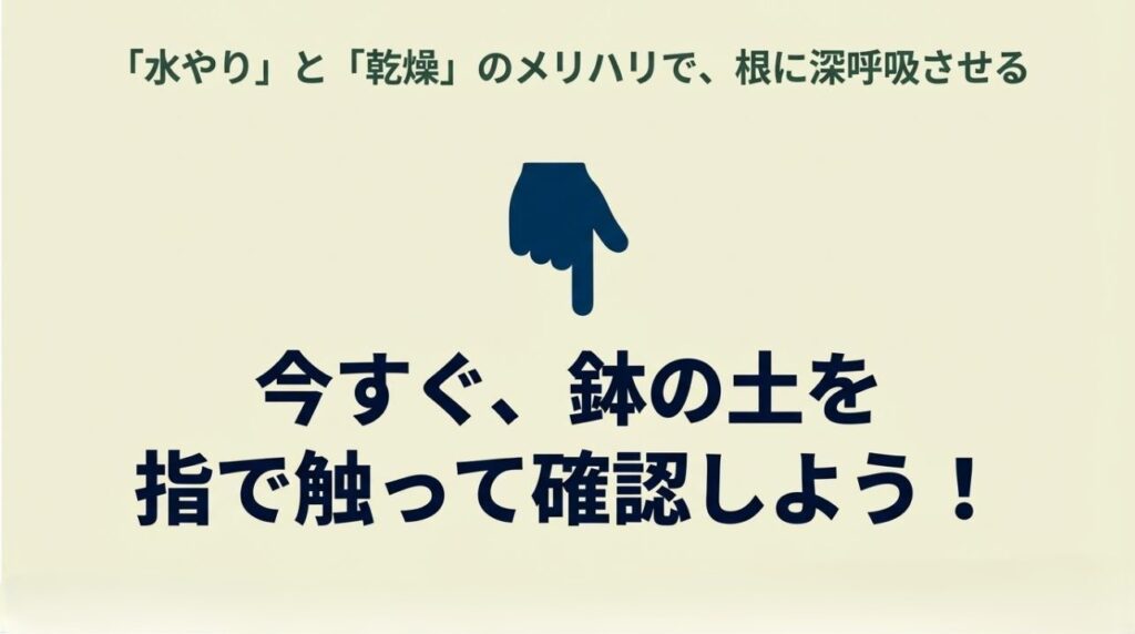 「今すぐ、鉢の土を指で触って確認しよう!」というメッセージと指差しのアイコン