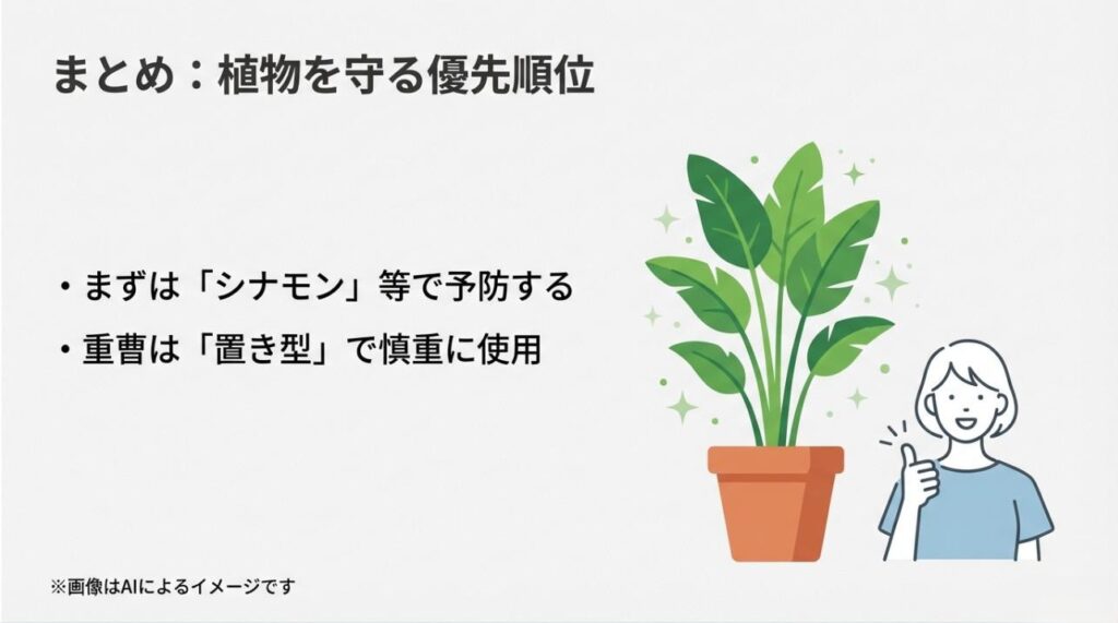 元気な観葉植物と笑顔の女性。シナモンでの予防を優先し、重曹は慎重に使うことを促すまとめスライド