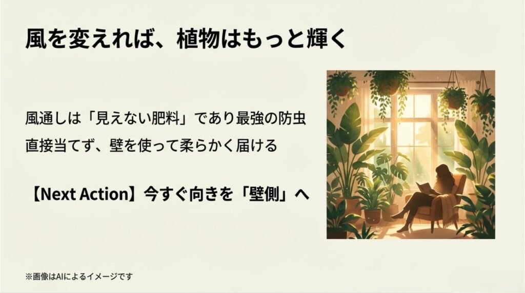 適切な風通しの環境で元気に育つ観葉植物と、その空間でリラックスして読書を楽しむ人のイラスト