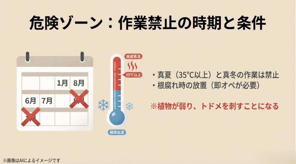 35℃以上の極度高温や極度低温を示す温度計と、作業禁止期間を知らせる注意図