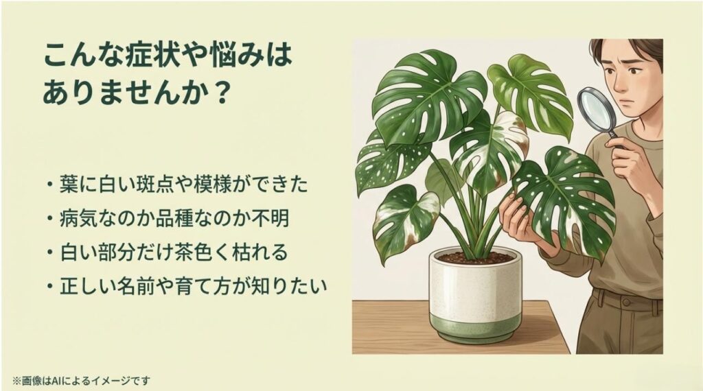 葉の白い模様や茶色く枯れる症状を前に、原因や育て方が分からず困っている男性のイラスト