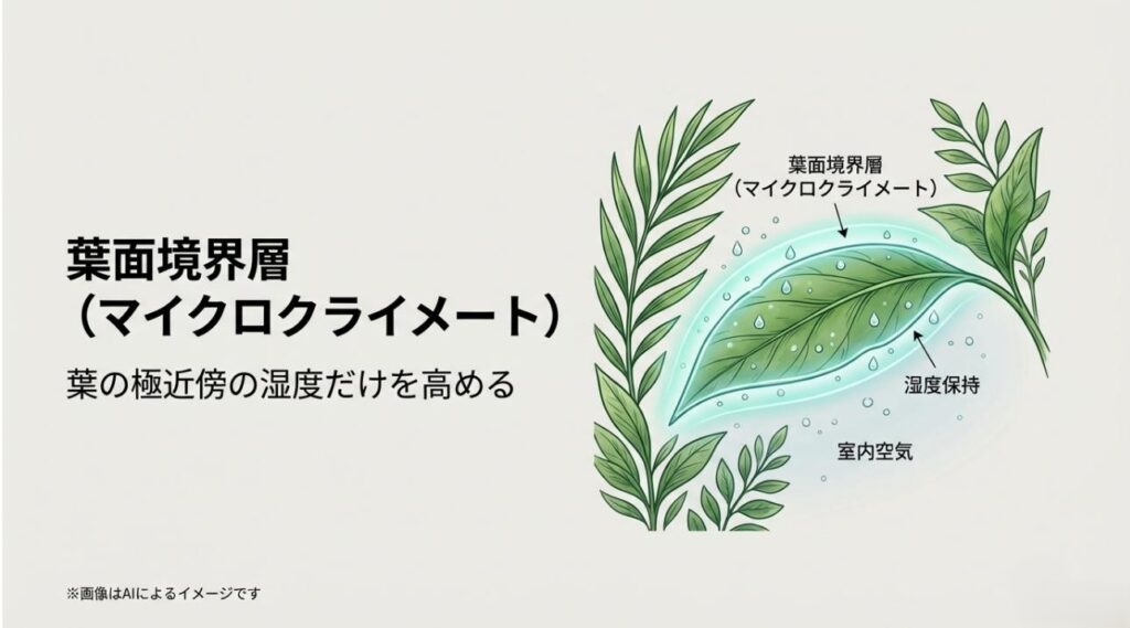 葉の周りに形成される湿度保持層（マイクロクライメート）を可視化した科学的な図解スライド