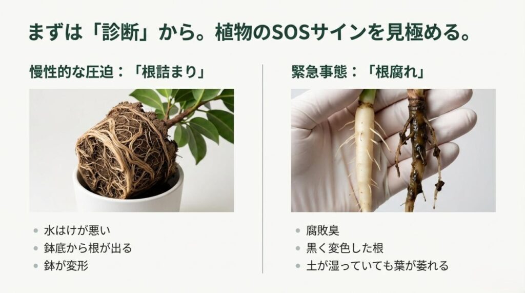 鉢から抜いた根詰まり（サークリング）状態の植物写真と、健康な白い根と腐った黒い根の比較、チェックリスト