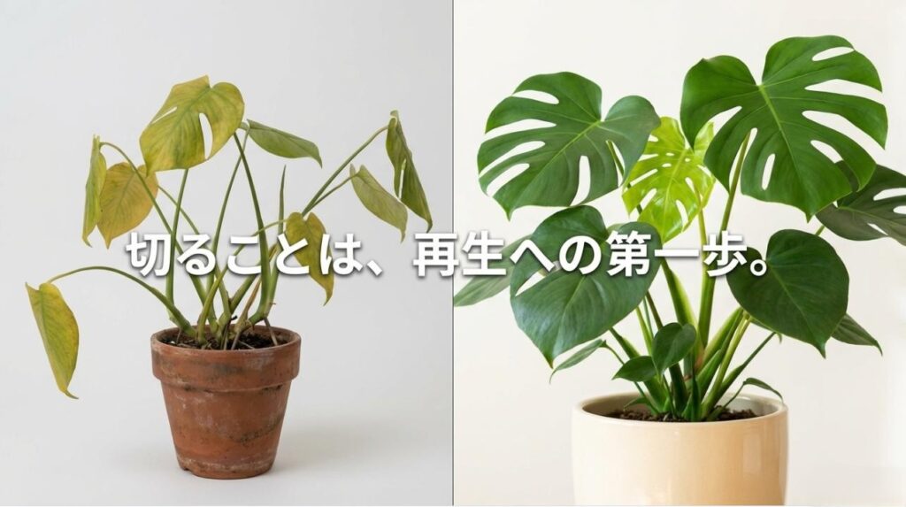 切ることは再生への第一歩という、根の剪定に対するポジティブなメッセージスライド