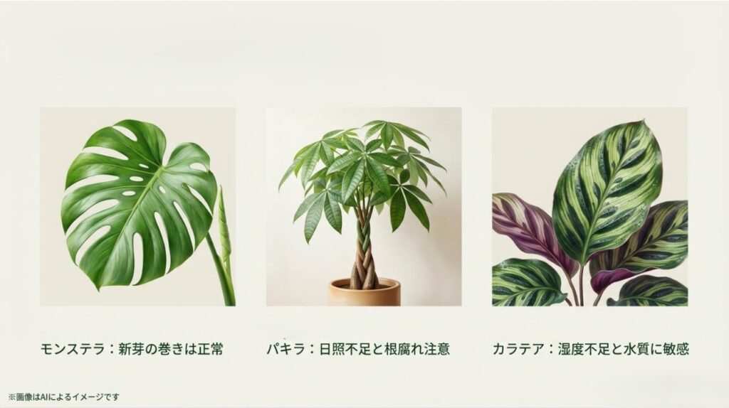 モンステラの新芽、パキラの日照不足、カラテアの湿度不足など、植物の種類ごとの特性をまとめた解説画像。