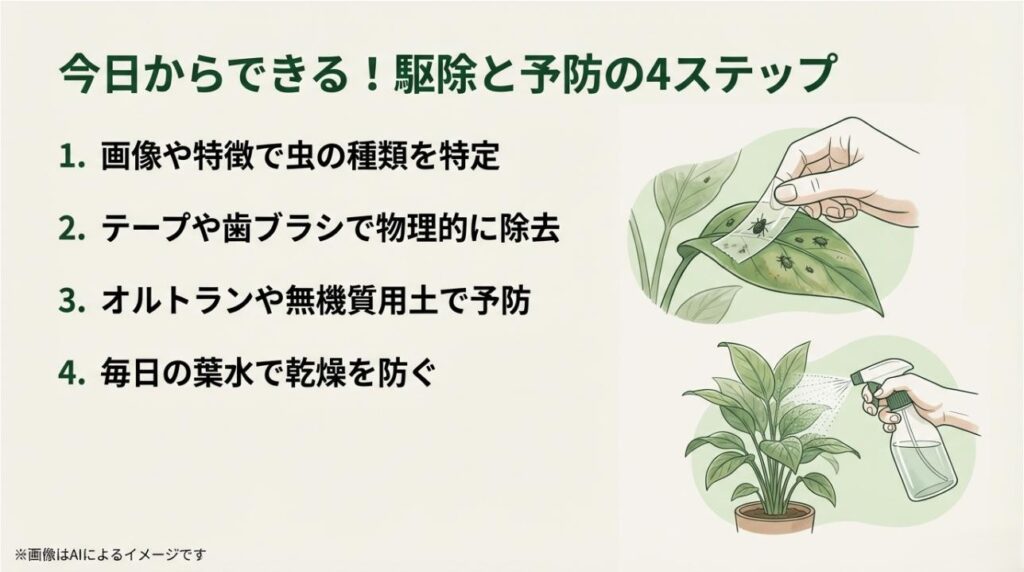 テープでの物理除去や霧吹きでの葉水など、今日から実践できる4つの具体的なステップを紹介するスライド