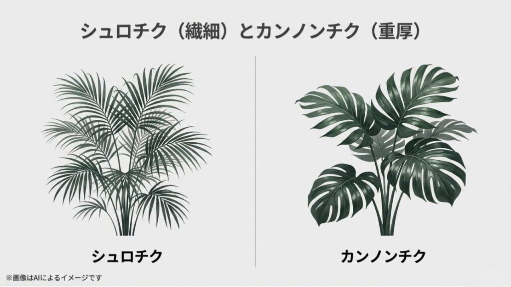 繊細な印象のシュロチクと重厚感のあるカンノンチクの葉の形やシルエットの違いを比較したスライド
