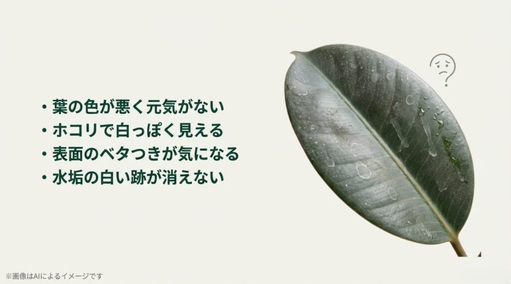 ホコリや水垢で汚れた葉のイラストと、色出しやベタつきに悩む飼い主の心情をまとめたスライド