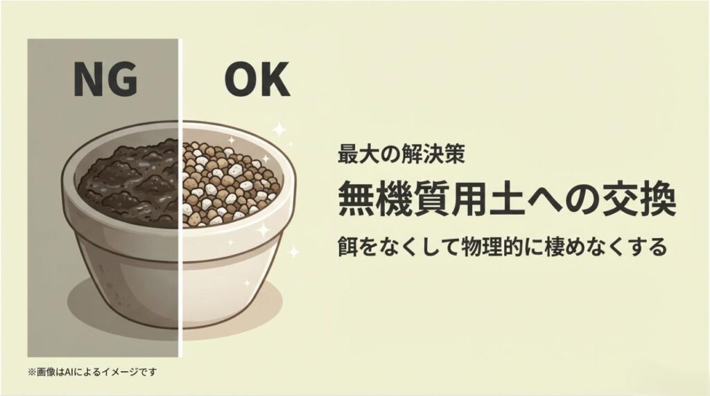 有機質の土（NG）と無機質の土（OK）を左右で比較し、餌をなくして物理的に棲めなくするメリットを説明するスライド