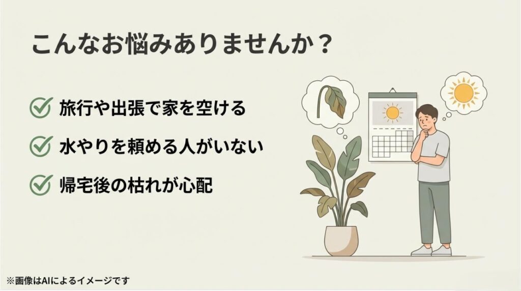 カレンダーの前で植物の枯れを心配する男性のイラスト。「旅行で家を空ける」「水やりを頼める人がいない」という悩みのチェックリスト