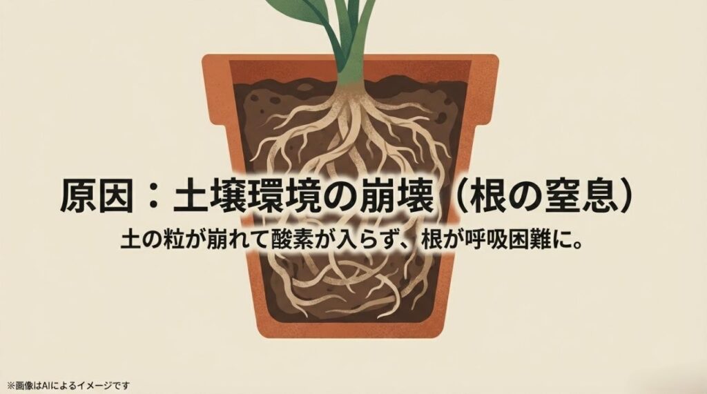 土壌の粒が壊れて酸素が入らなくなり、根が窒息している様子を表現した概念図