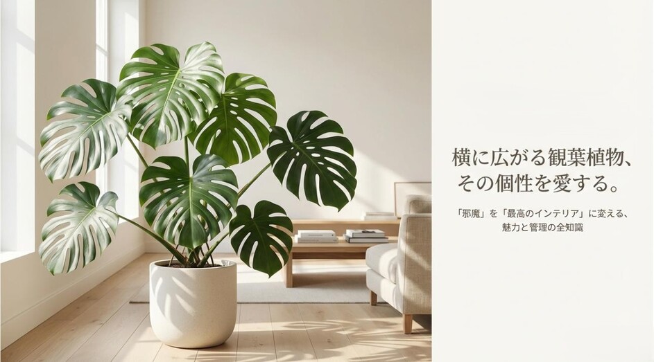 モンステラなどの横に広がる観葉植物の写真と、個性を愛しインテリアに変えるという記事タイトルが入ったアイキャッチ画像