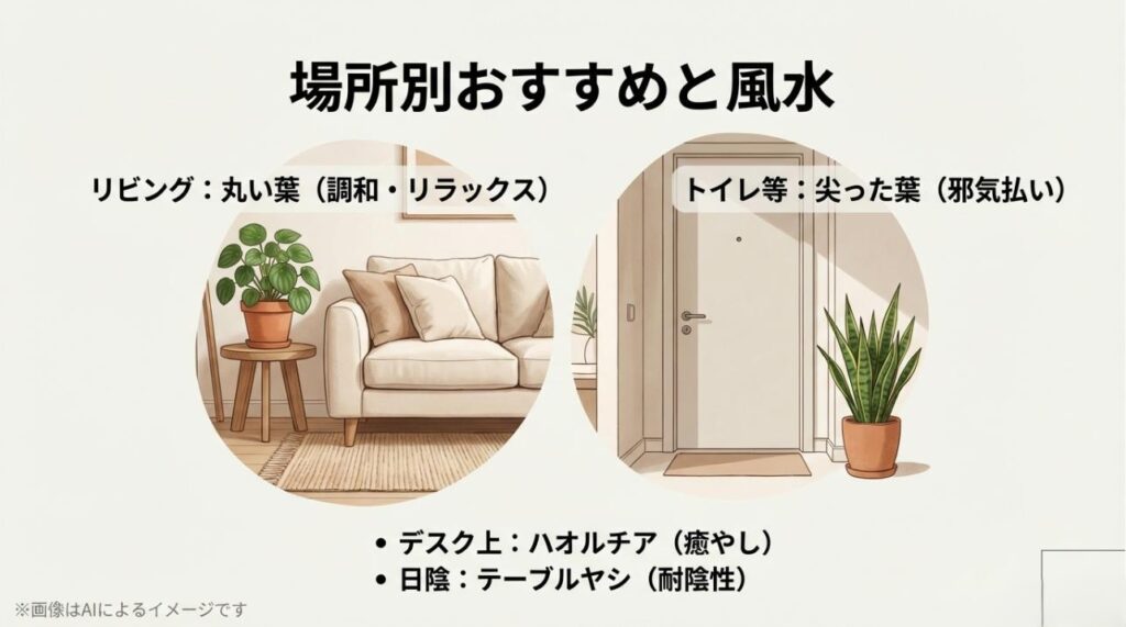 リビングには丸い葉、トイレや玄関には尖った葉など、場所と植物の特性を合わせた風水ガイド