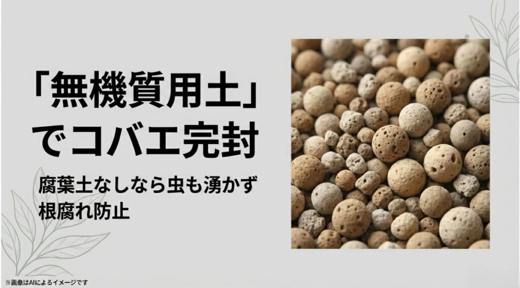 無機質用土の粒子のアップ写真と、腐葉土を使わないことで虫や根腐れを防ぐメリットを伝えるスライド