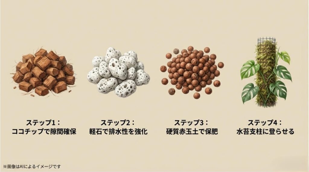 ココチップ、軽石、赤玉土を使い、最後に水苔支柱に登らせるというアロイドを健康に育てるための4ステップ図解