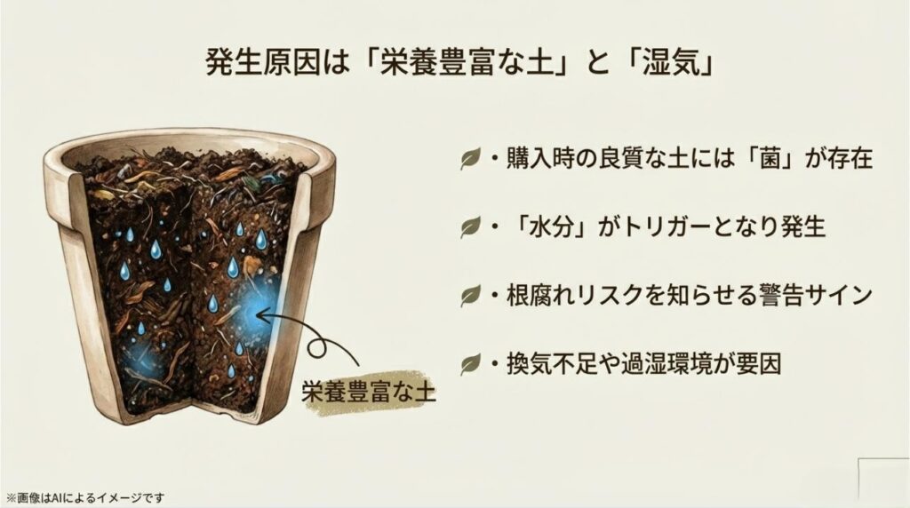 鉢植えの断面図で、栄養豊富な土の中に水分が溜まりキノコが発生する仕組みを示した図解