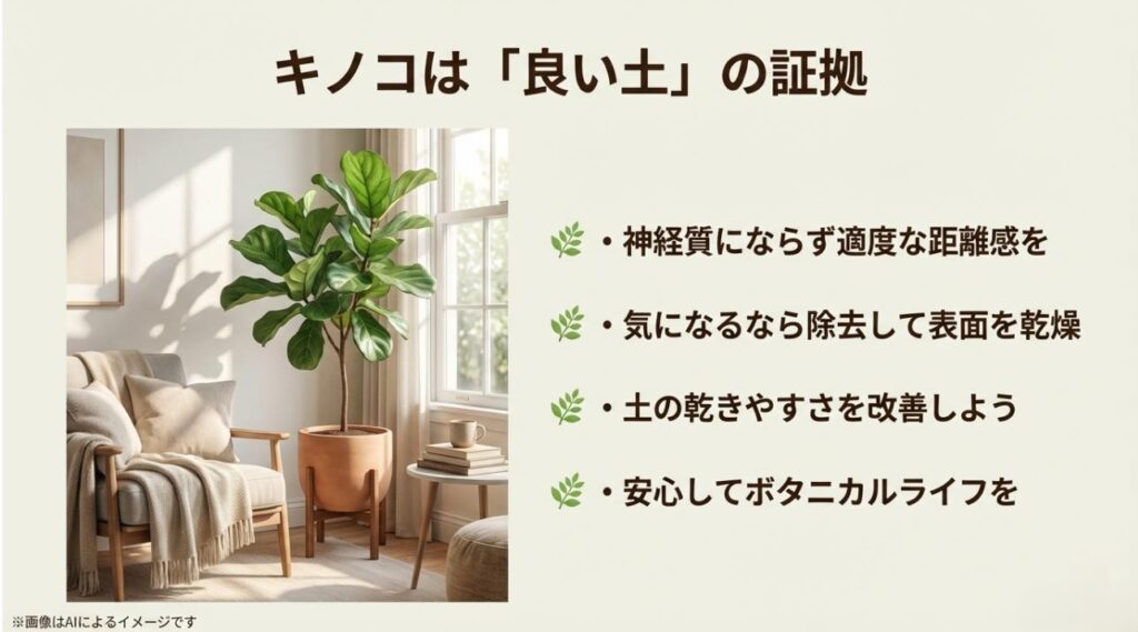 明るいリビングで元気に育つ観葉植物の写真と、安心を促すメッセージのまとめスライド