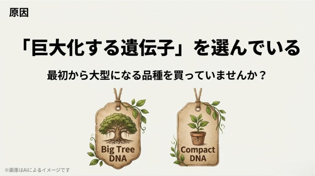 「Big Tree DNA」と「Compact DNA」というタグのイラストで、品種による成長の違いを比較した図解