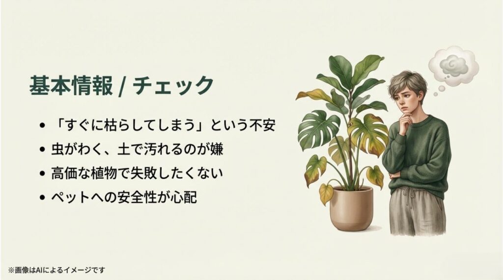 枯らす不安、虫、価格、ペットへの安全性など、初心者が抱きがちな悩みをリスト化したスライドと悩む人のイラスト