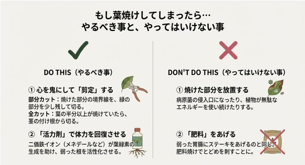 葉焼けした部分の剪定方法（DO）と、弱った株への施肥禁止（DON'T）をまとめた対処法ガイド