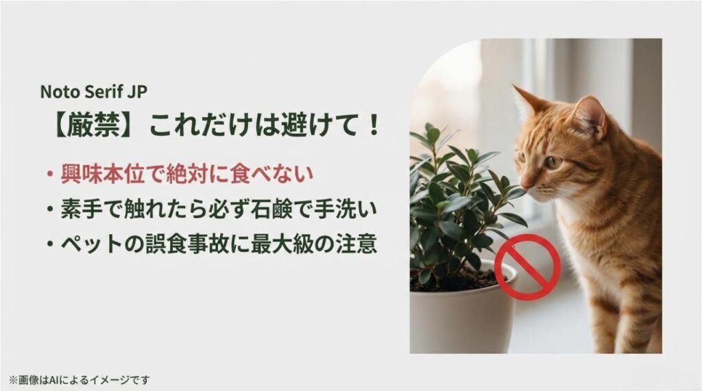 観葉植物のそばにいる猫の写真と、食用禁止・手洗い・ペットへの注意を促す禁止マーク付きのスライド