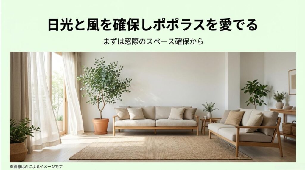 明るい日光が差し込む窓際の広いリビングに置かれた、立派なポポラスの鉢植え