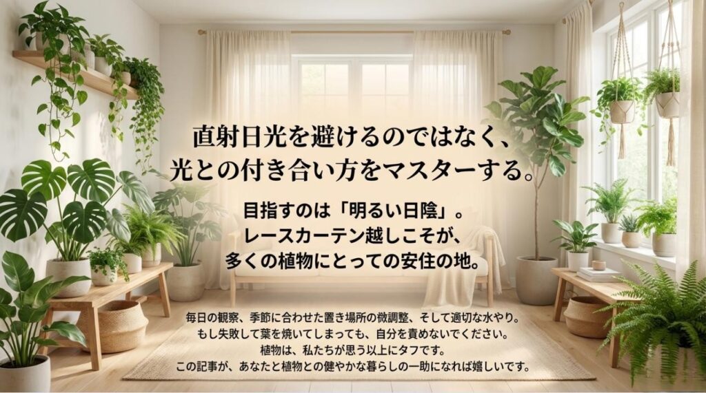 レースカーテン越しの明るい日陰こそが植物の安住の地であるという結論と、失敗を恐れずに育てることへのメッセージ