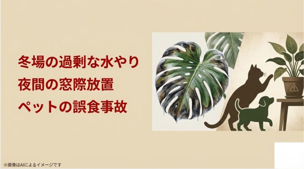 冬の過剰な水やりや窓際の冷気への注意、および犬や猫などのペットの誤食事故を警告するイラスト