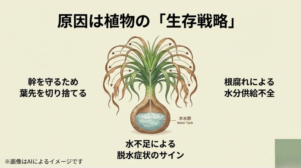 ポニーテールの幹にある貯水タンクから水分が供給される仕組みと、水不足時に葉先を枯らして幹を守るメカニズムの解説図