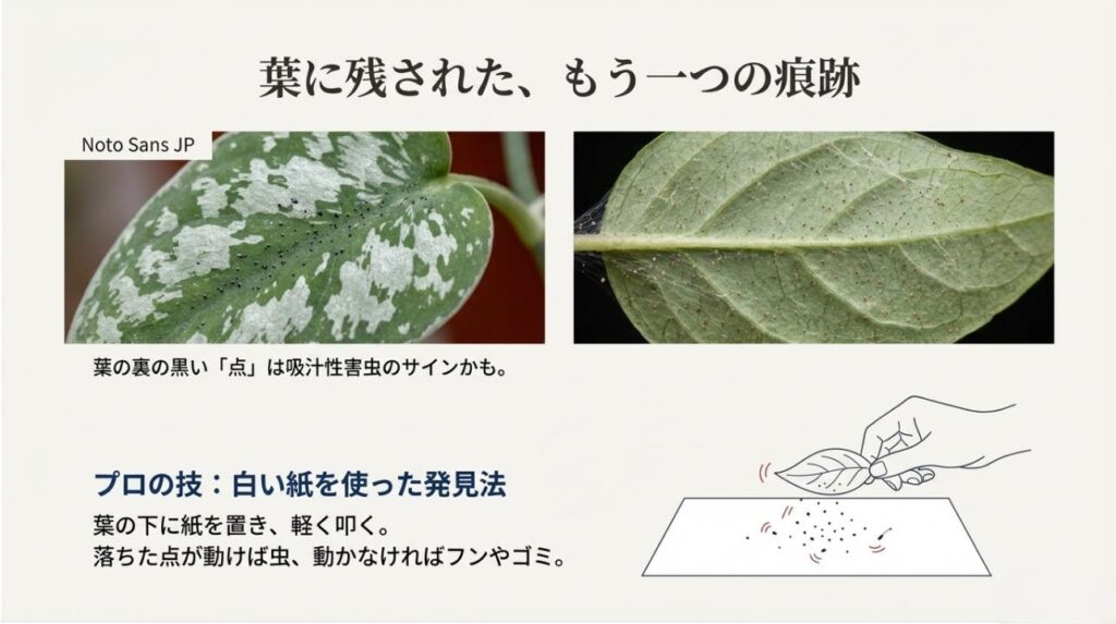 観葉植物の葉の下に白い紙を置き、軽く叩いて落ちてきた黒い点が動くかどうかで害虫を判別する方法のイラスト